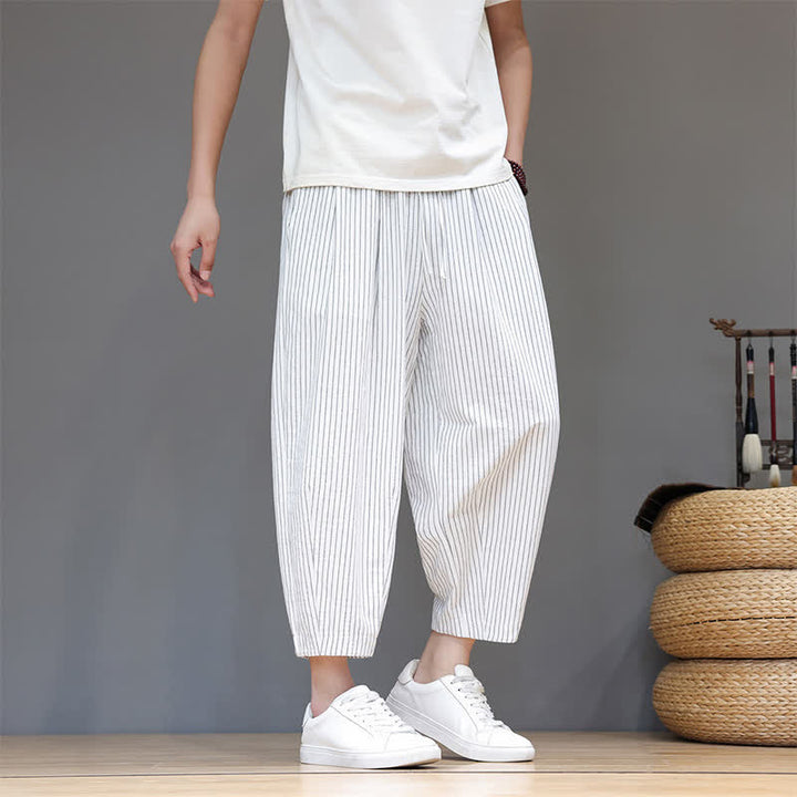 Buddha Stones Letnie, swobodne, minimalistyczne spodnie capri z bawełny i lnu w paski, zwężane, męskie, z kieszeniami - image 30