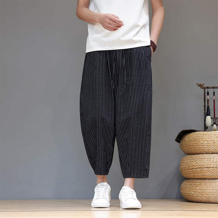 Buddha Stones Letnie, swobodne, minimalistyczne spodnie capri z bawełny i lnu w paski, zwężane, męskie, z kieszeniami - image 12