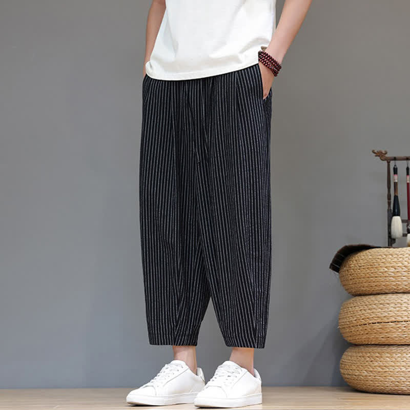 Buddha Stones Letnie, swobodne, minimalistyczne spodnie capri z bawełny i lnu w paski, zwężane, męskie, z kieszeniami - image 13