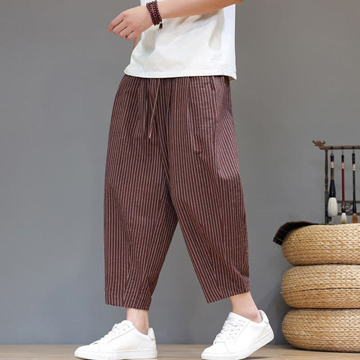 Buddha Stones Letnie, swobodne, minimalistyczne spodnie capri z bawełny i lnu w paski, zwężane, męskie, z kieszeniami - Sjena - US/UK/AU46, EU56 (5XL) - image 17