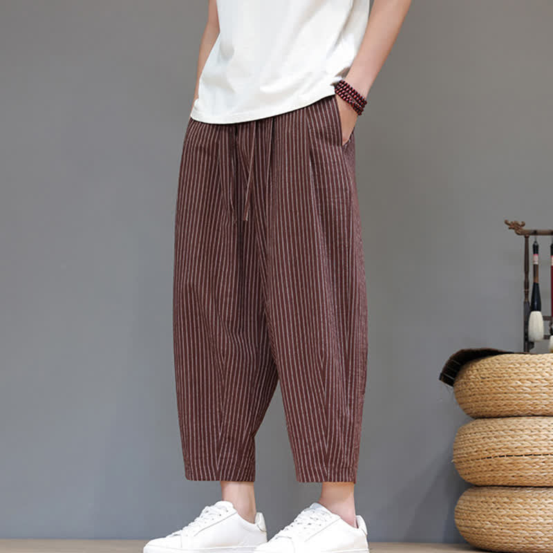 Buddha Stones Letnie, swobodne, minimalistyczne spodnie capri z bawełny i lnu w paski, zwężane, męskie, z kieszeniami - image 19