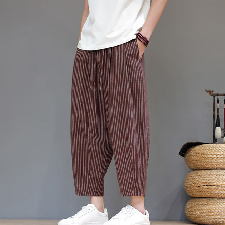 Buddha Stones Letnie, swobodne, minimalistyczne spodnie capri z bawełny i lnu w paski, zwężane, męskie, z kieszeniami - image 19
