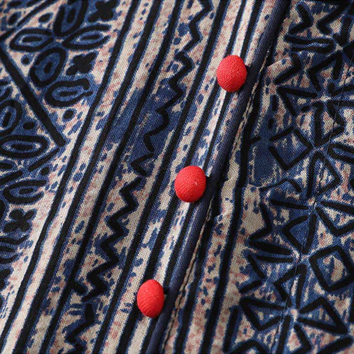 Buddha Stones Letnia sukienka damska w stylu boho z kołnierzykiem stójkowym i geometrycznym wzorem, z rękawami o długości 3/4 i kieszenią - image 5