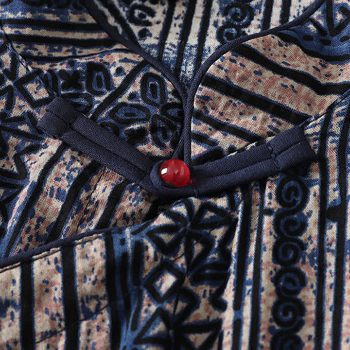Buddha Stones Letnia sukienka damska w stylu boho z kołnierzykiem stójkowym i geometrycznym wzorem, z rękawami o długości 3/4 i kieszenią - image 4