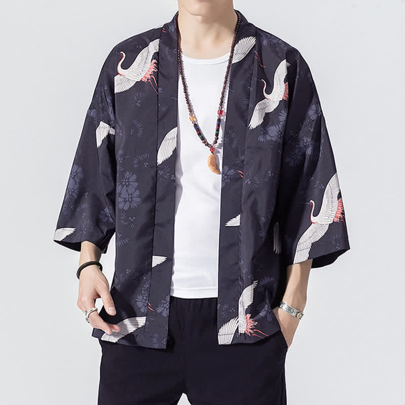 Buddha Stones Letnie, swobodne, vintage'owe, męskie kimona z odkrytym przodem i nadrukiem w kształcie fali żurawia - Marynarka wojenna - US/UK/AU46, EU56 (5XL) - image 3