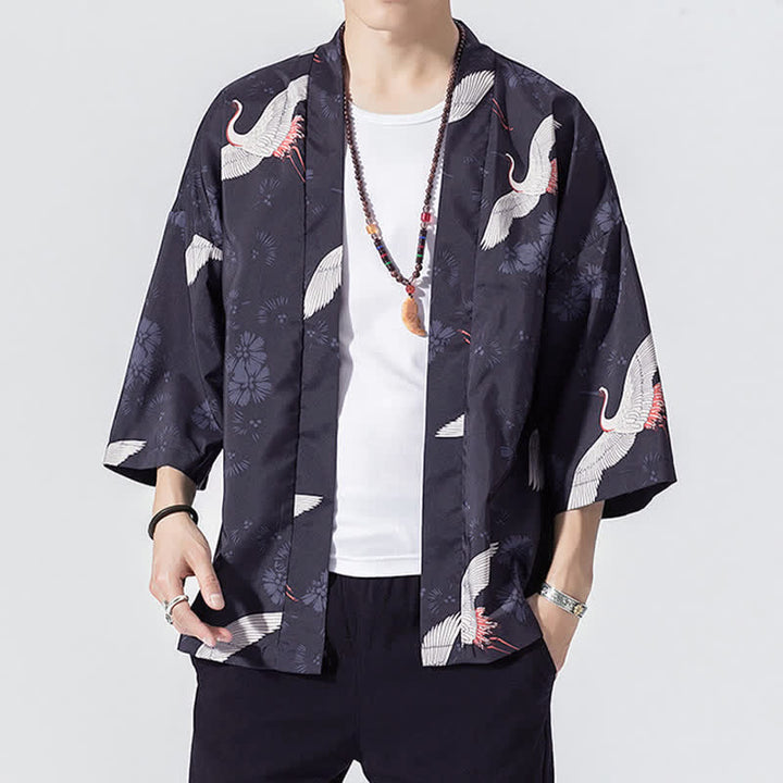 Buddha Stones Letnie, swobodne, vintage'owe, męskie kimona z odkrytym przodem i nadrukiem w kształcie fali żurawia - Marynarka wojenna - US/UK/AU46, EU56 (5XL) - image 3