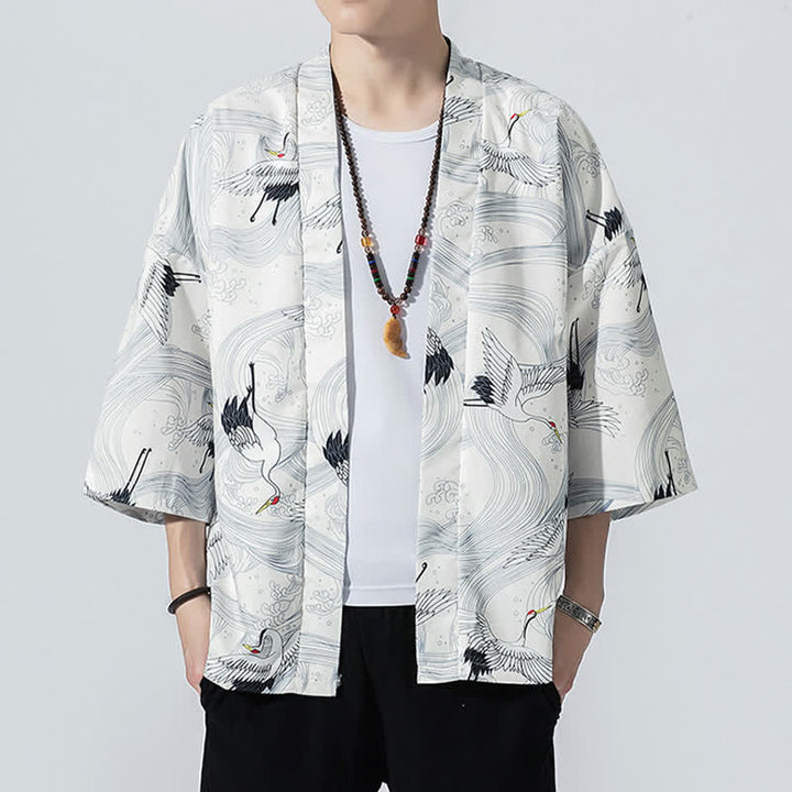 Buddha Stones Letnie, swobodne, vintage'owe, męskie kimona z odkrytym przodem i nadrukiem w kształcie fali żurawia - Biały - US/UK/AU46, EU56 (5XL) - image 10