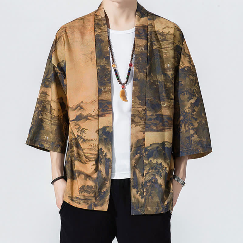 Buddha Stones Letnie, swobodne, vintage'owe, męskie kimona z odkrytym przodem i nadrukiem w kształcie fali żurawia - Peru - US/UK/AU46, EU56 (5XL) - image 7