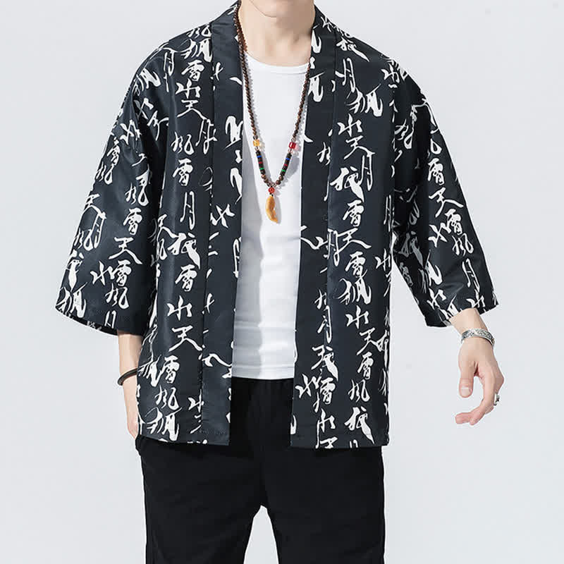 Buddha Stones Letnie, swobodne, vintage'owe, męskie kimona z odkrytym przodem i nadrukiem w kształcie fali żurawia - Czarny - US/UK/AU46, EU56 (5XL) - image 10