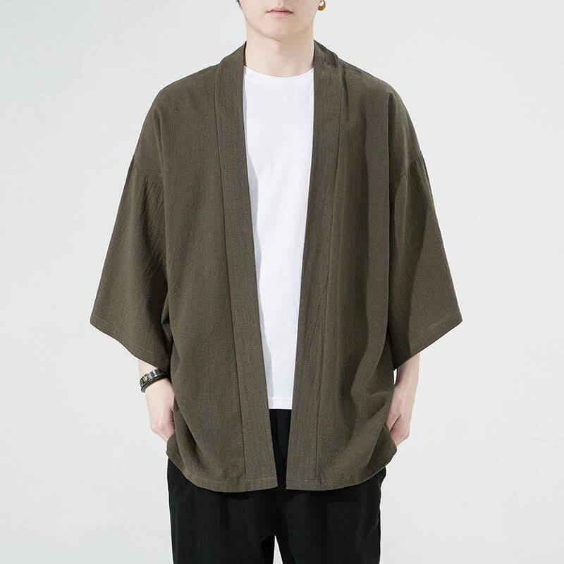 Buddha Stones Letnie, swobodne, minimalistyczne, jednolite kimona męskie - Oliwkowy - US/UK/AU46, EU56 (5XL) - image 2