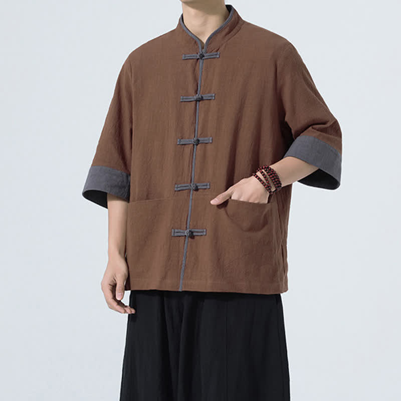 Buddha Stones Letnie, swobodne koszule męskie z krótkim rękawem i kieszenią, w stylu Tang, z guzikami żabki, z solidnej bawełny - image 10