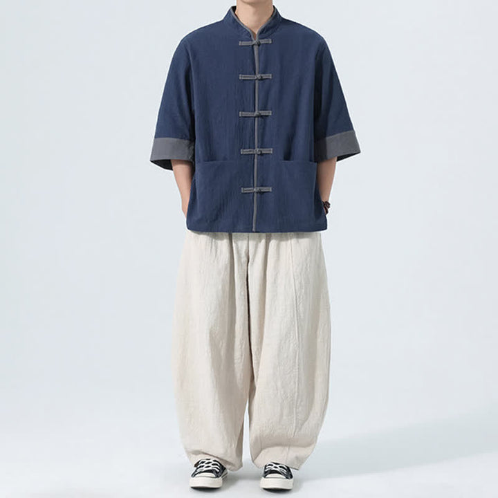 Buddha Stones Letnie, swobodne koszule męskie z krótkim rękawem i kieszenią, w stylu Tang, z guzikami żabki, z solidnej bawełny - image 6