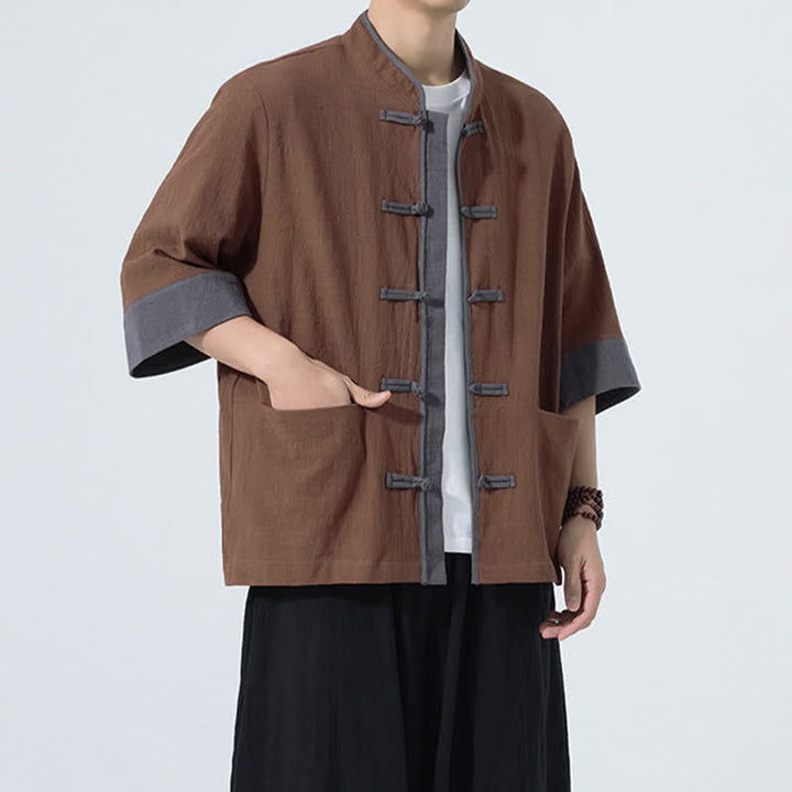 Buddha Stones Letnie, swobodne koszule męskie z krótkim rękawem i kieszenią, w stylu Tang, z guzikami żabki, z solidnej bawełny - image 12