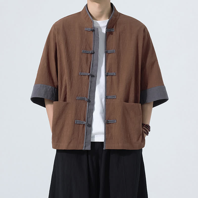 Buddha Stones Letnie, swobodne koszule męskie z krótkim rękawem i kieszenią, w stylu Tang, z guzikami żabki, z solidnej bawełny - Sjena - US/UK/AU46, EU56 (5XL) - image 8