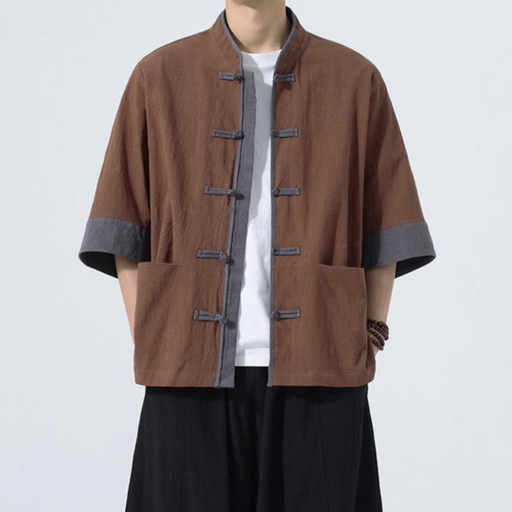 Buddha Stones Letnie, swobodne koszule męskie z krótkim rękawem i kieszenią, w stylu Tang, z guzikami żabki, z solidnej bawełny - Sjena - US/UK/AU46, EU56 (5XL) - image 8