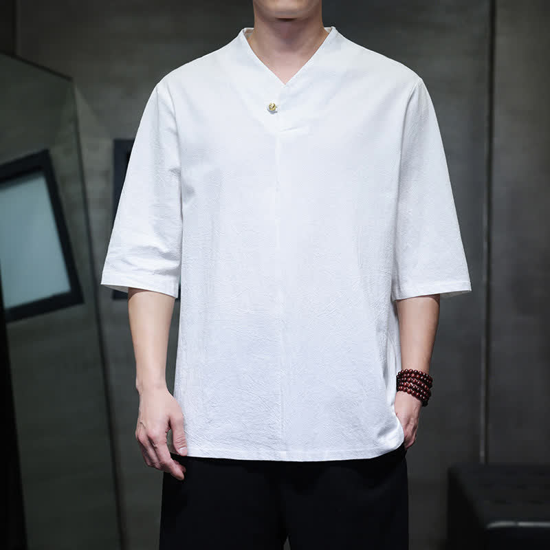Buddha Stones Letnie, swobodne koszule męskie z krótkim rękawem w stylu Tang, z kołnierzykiem stójkowym - Biały - US/UK/AU46, EU56 (5XL) - image 18
