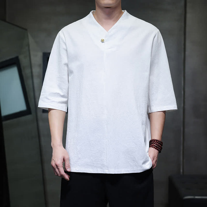 Buddha Stones Letnie, swobodne koszule męskie z krótkim rękawem w stylu Tang, z kołnierzykiem stójkowym - Biały - US/UK/AU46, EU56 (5XL) - image 18