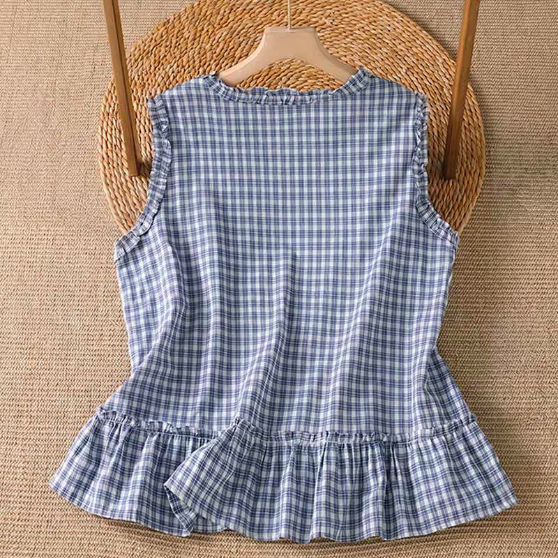 Buddha Stones Letni, swobodny, vintage, falbaniasty, kratkowany top bez rękawów dla kobiet - image 1