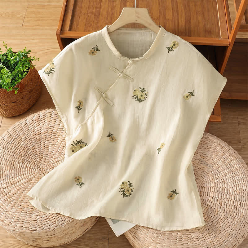 Buddha Stones Letnia, swobodna koszulka bez rękawów damska w stylu Tang z kołnierzykiem stójkowym i haftem kwiatowym - Biały - US12, UK/AU16, EU44 (2XL) - image 0