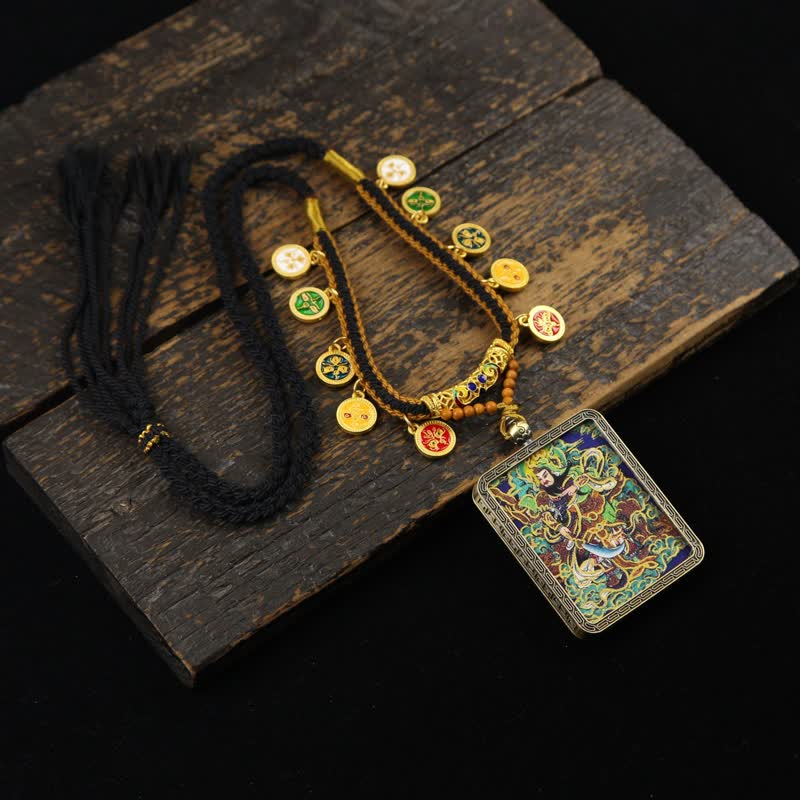 Buddha Stones Naszyjnik z plecionym frędzlem i ochroną Lord Guan z miedzi - Wielokolorowy Lord Guan Thangka (wersja z zielonym tłem) - image 19