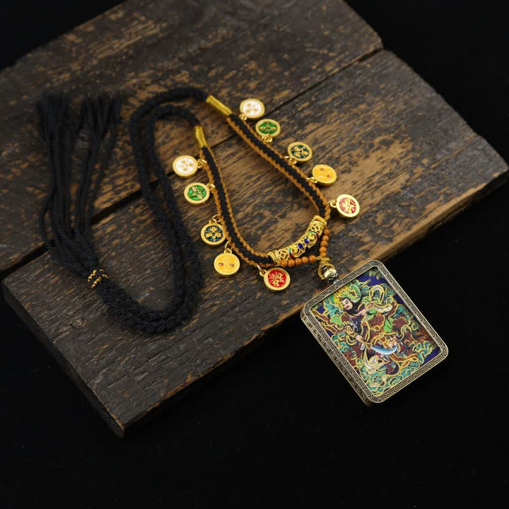 Buddha Stones Naszyjnik z plecionym frędzlem i ochroną Lord Guan z miedzi - Wielokolorowy Lord Guan Thangka (wersja z zielonym tłem) - image 19