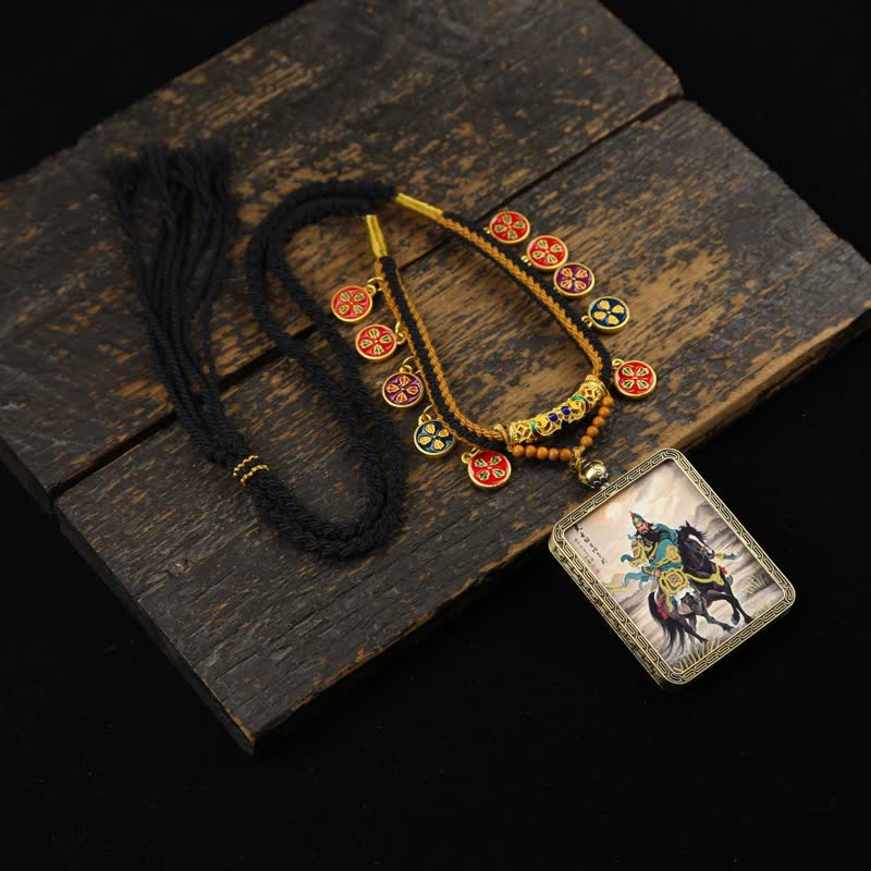 Buddha Stones Naszyjnik z plecionym frędzlem i ochroną Lord Guan z miedzi - Zielony jeździec konny Lord Guan Thangka - image 9
