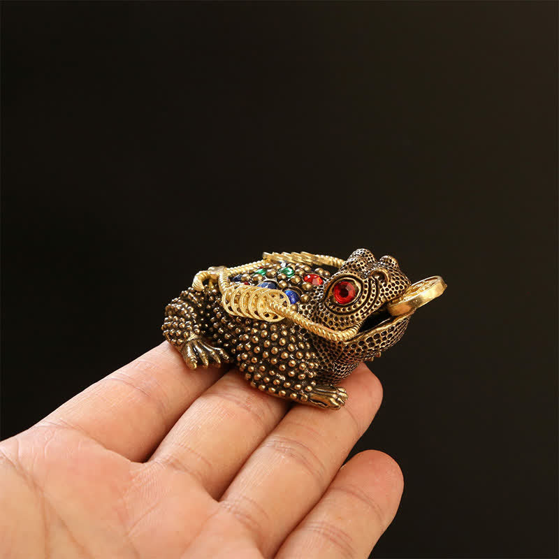 Buddha Stones Mosiężna żaba z trzema nogami symbolizująca bogactwo i fortunę - image 7