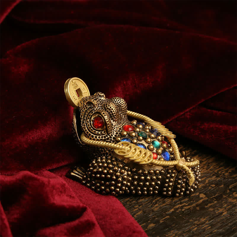 Buddha Stones Mosiężna żaba z trzema nogami symbolizująca bogactwo i fortunę - image 8