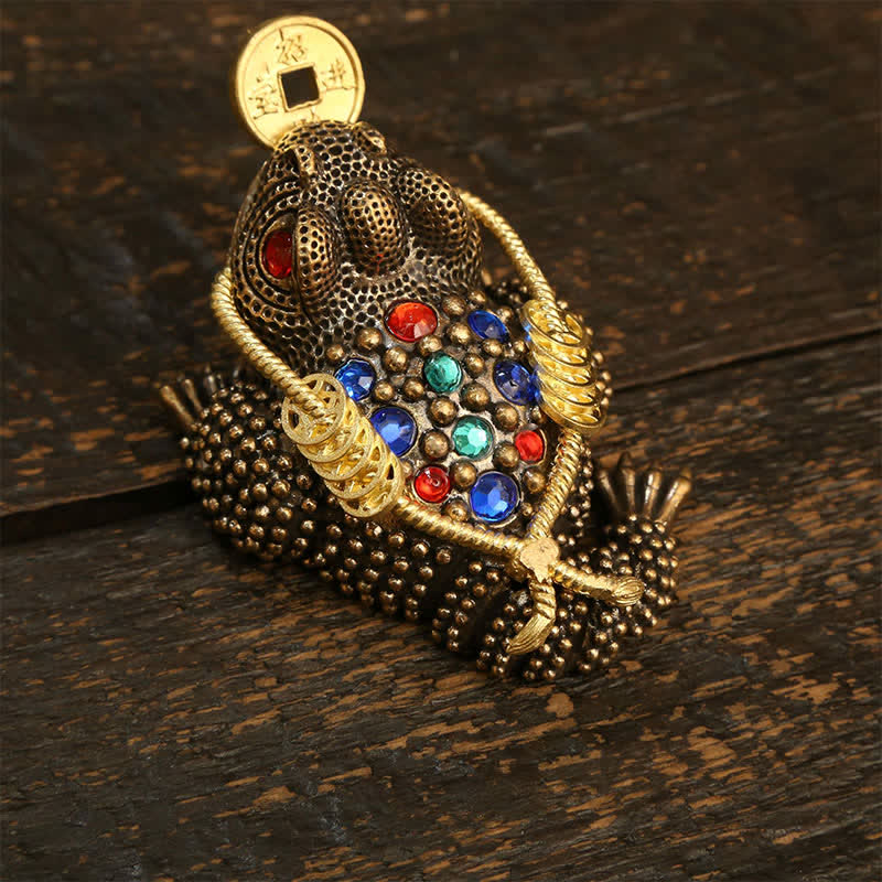 Buddha Stones Mosiężna żaba z trzema nogami symbolizująca bogactwo i fortunę - image 12