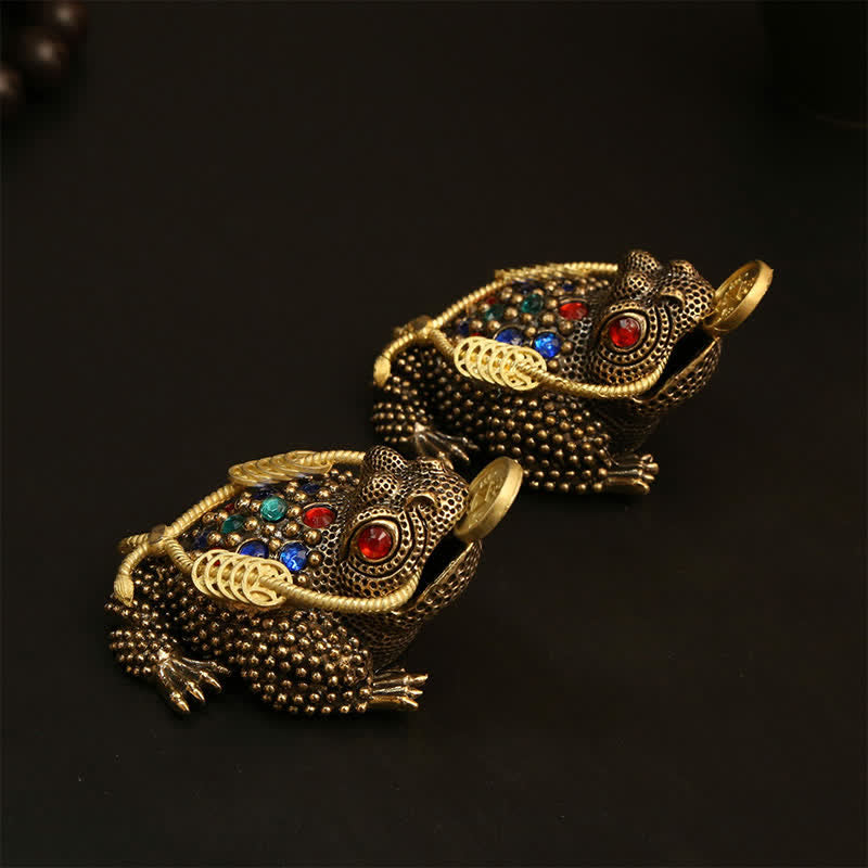 Buddha Stones Mosiężna żaba z trzema nogami symbolizująca bogactwo i fortunę - image 14