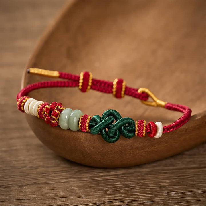 Buddha Stones Ręcznie pleciona bransoletka Ruyi Peach Blossoms Knot z regulowanym jadeitem szczęścia - image 2