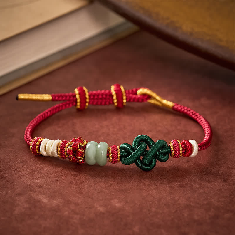 Buddha Stones Ręcznie pleciona bransoletka Ruyi Peach Blossoms Knot z regulowanym jadeitem szczęścia - image 3