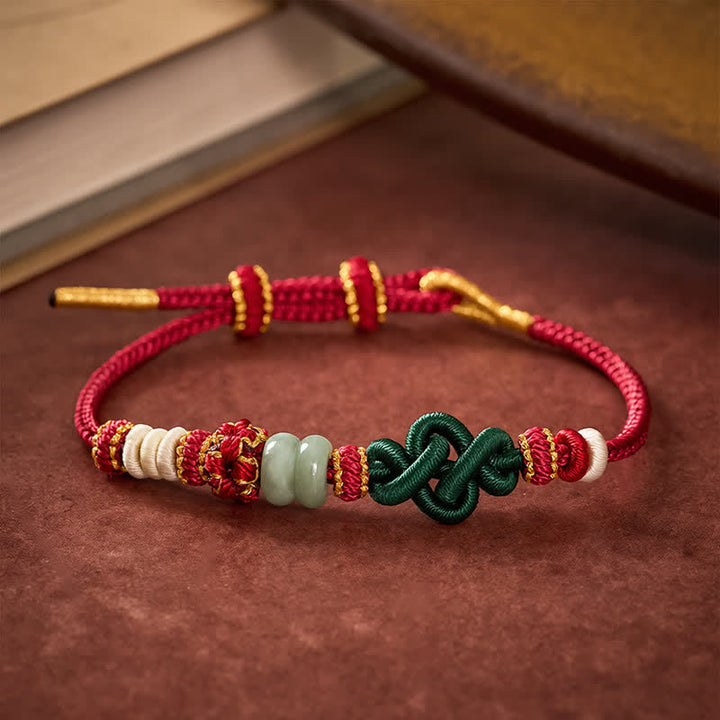 Buddha Stones Ręcznie pleciona bransoletka Ruyi Peach Blossoms Knot z regulowanym jadeitem szczęścia - image 3