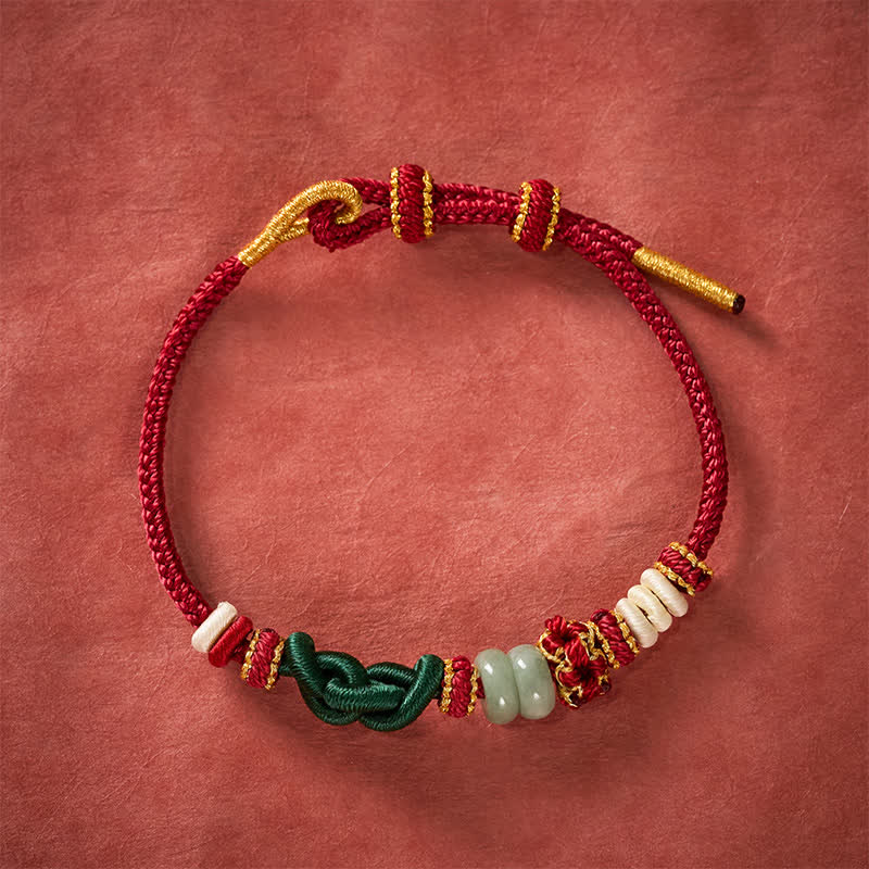Buddha Stones Ręcznie pleciona bransoletka Ruyi Peach Blossoms Knot z regulowanym jadeitem szczęścia - image 1