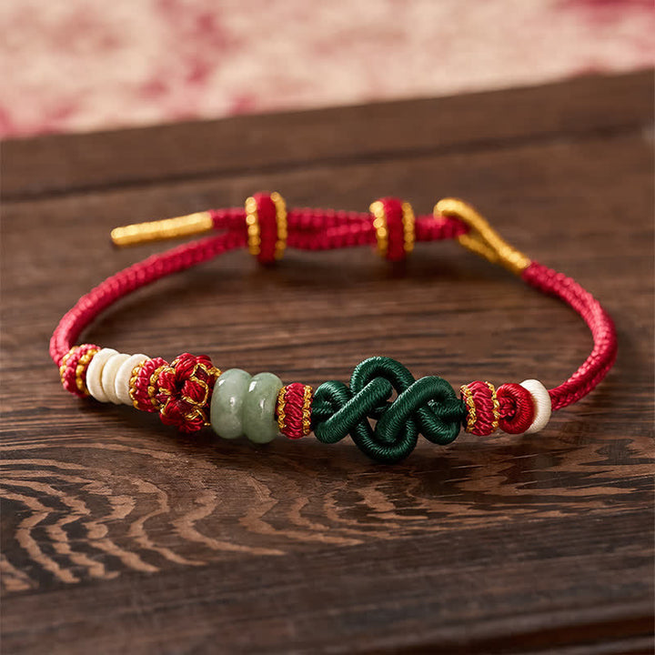Buddha Stones Ręcznie pleciona bransoletka Ruyi Peach Blossoms Knot z regulowanym jadeitem szczęścia - 5,9-7,5 cala / 15-19 cm - image 0