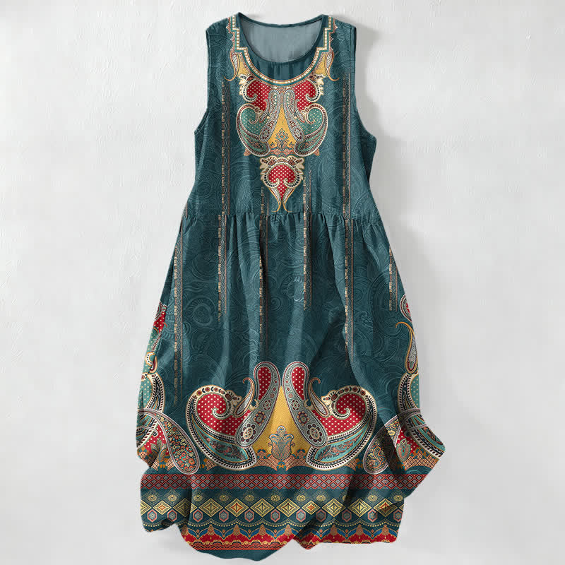 Buddha Stones Letnia, swobodna, damska sukienka midi bez rękawów z perskim wzorem paisley border i kieszeniami - Cyraneczka - US16, UK/AU20, EU48 (3XL) - image 0