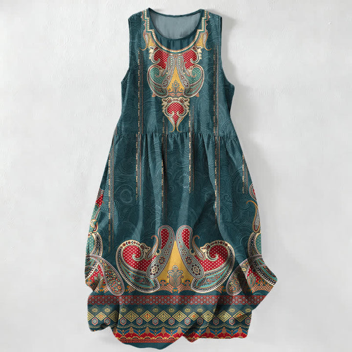 Buddha Stones Letnia, swobodna, damska sukienka midi bez rękawów z perskim wzorem paisley border i kieszeniami - Cyraneczka - US16, UK/AU20, EU48 (3XL) - image 0