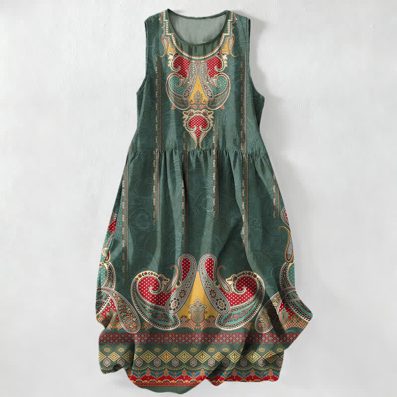 Buddha Stones Letnia, swobodna, damska sukienka midi bez rękawów z perskim wzorem paisley border i kieszeniami - ForestGreen - US16, UK/AU20, EU48 (3XL) - image 4