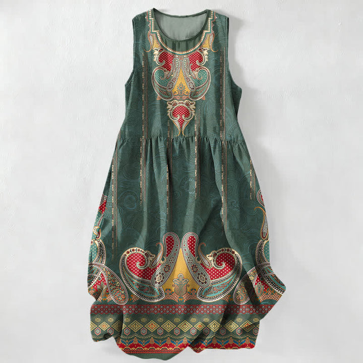 Buddha Stones Letnia, swobodna, damska sukienka midi bez rękawów z perskim wzorem paisley border i kieszeniami - ForestGreen - US16, UK/AU20, EU48 (3XL) - image 4