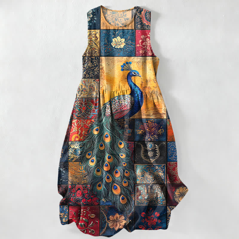 Buddha Stones Letnia, swobodna, damska sukienka midi bez rękawów z kieszeniami i wzorem pawia - Stalowoniebieski - US16, UK/AU20, EU48 (3XL) - image 0