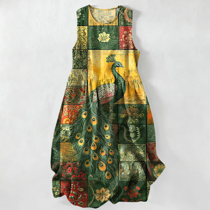 Buddha Stones Letnia, swobodna, damska sukienka midi bez rękawów z kieszeniami i wzorem pawia - ForestGreen - US16, UK/AU20, EU48 (3XL) - image 5