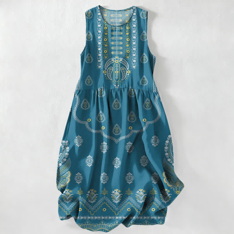Buddha Stones Letnia, swobodna sukienka midi w stylu boho, wzór paisley, bez rękawów, z kieszeniami - Cyraneczka - US16, UK/AU20, EU48 (3XL) - image 0
