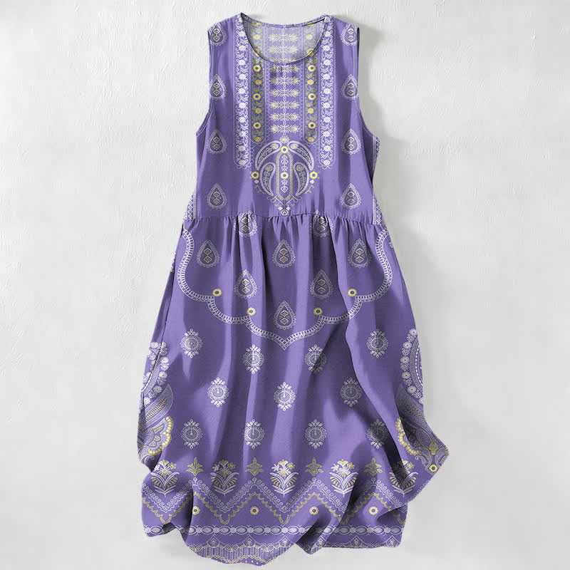 Buddha Stones Letnia, swobodna sukienka midi w stylu boho, wzór paisley, bez rękawów, z kieszeniami - Lawenda - US16, UK/AU20, EU48 (3XL) - image 5