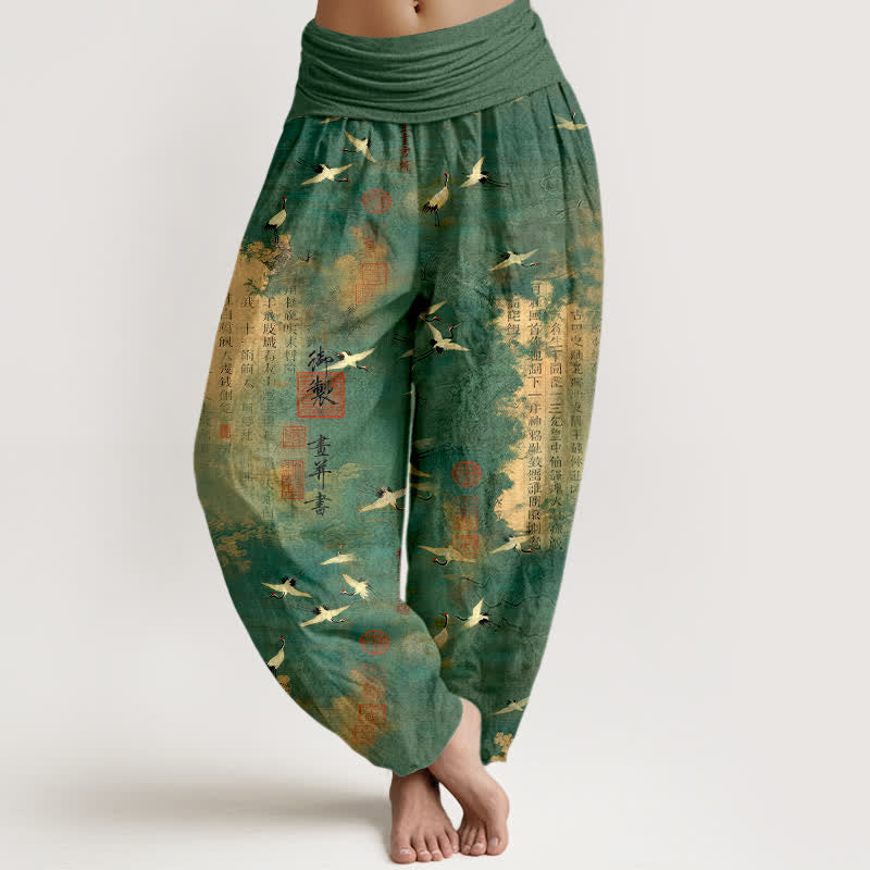 Buddha Stones Bawełniane spodnie damskie typu harem z elastyczną talią i wzorem w kaligrafię złotego żurawia - SeaGreen - US16, UK/AU20, EU48 (3XL) - image 0