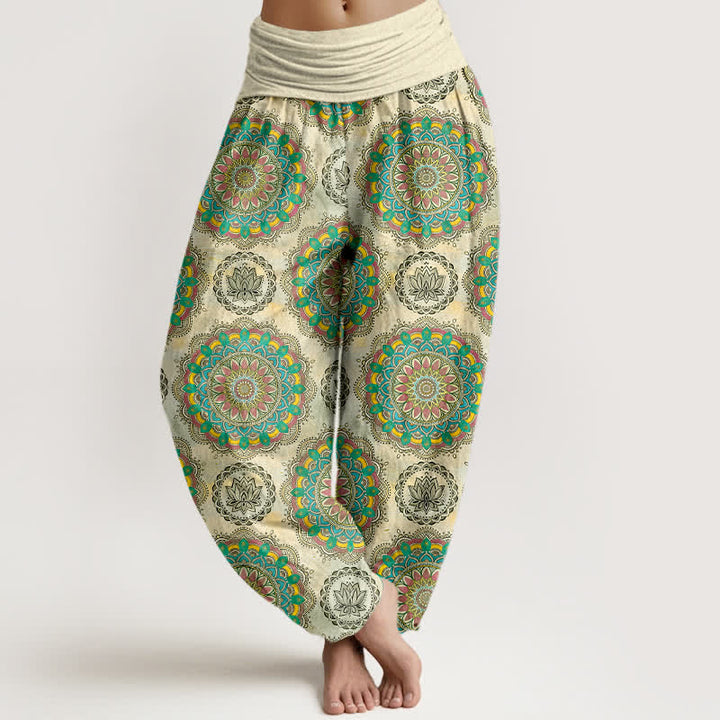 Buddha Stones Bawełniane spodnie haremki damskie z elastycznym pasem i wzorem mandali w stylu boho - Beżowy - US16, UK/AU20, EU48 (3XL) - image 0