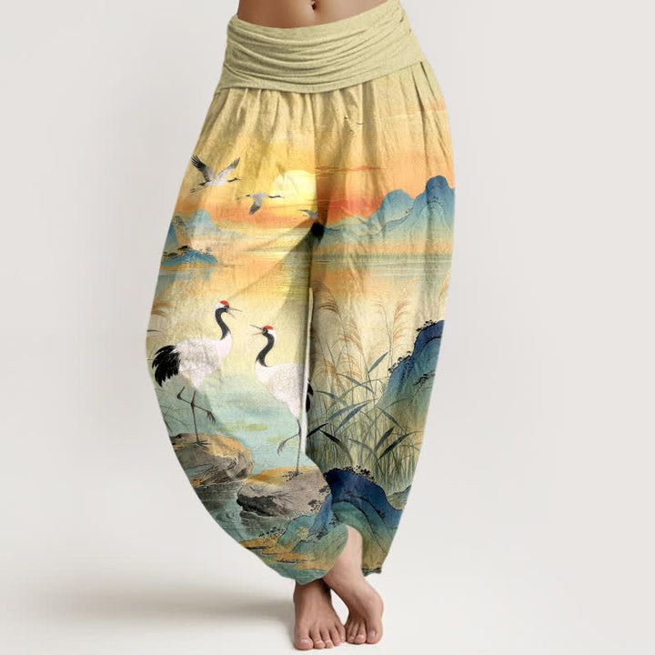 Buddha Stones Spodnie damskie typu harem z bawełny z nadrukiem Sunrise Mountain Crane Pattern i elastyczną talią - Cytrynowe Szyfony - US16, UK/AU20, EU48 (3XL) - image 0