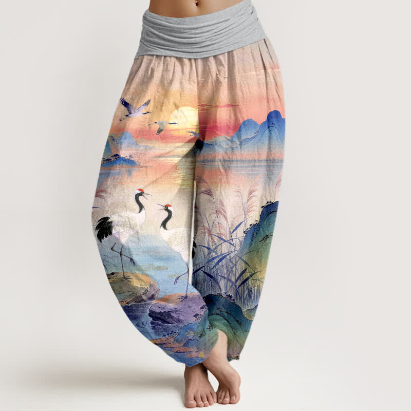 Buddha Stones Spodnie damskie typu harem z bawełny z nadrukiem Sunrise Mountain Crane Pattern i elastyczną talią - Jasnoszary - US16, UK/AU20, EU48 (3XL) - image 5