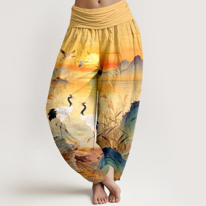 Buddha Stones Spodnie damskie typu harem z bawełny z nadrukiem Sunrise Mountain Crane Pattern i elastyczną talią - Złoto - US16, UK/AU20, EU48 (3XL) - image 8