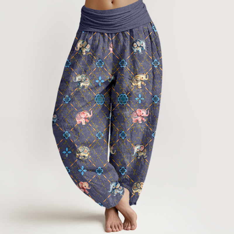 Buddha Stones Spodnie damskie haremowe z bawełny z kwiatowym wzorem słonia i elastyczną talią - SlateBlue - US16, UK/AU20, EU48 (3XL) - image 0