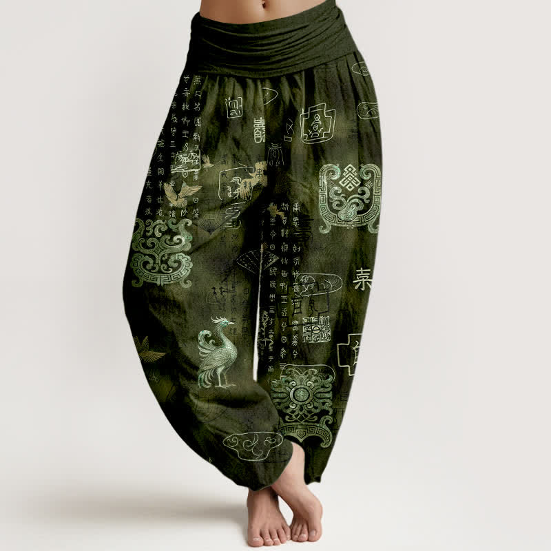 Buddha Stones Spodnie damskie typu harem z bawełny z motywem chmur Phoenix i elastyczną talią - DarkOliveGreen - US16, UK/AU20, EU48 (3XL) - image 5